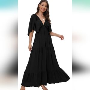 NEW V-Neck Tiered Silhouette with Flutter Sleeves Maxi Dress (Black) - Sunnow